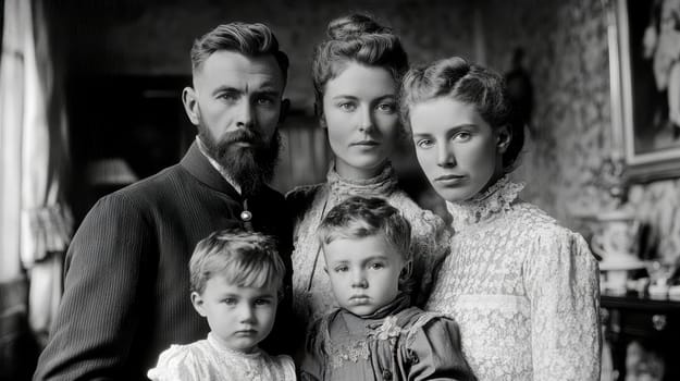 Victorian-era family posing for a formal portrait. AI generative.