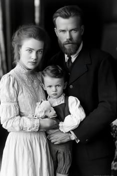 Victorian-era family posing for a formal portrait. AI generative.