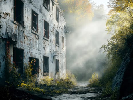 Photos of abandoned,ghostly buildings standing in the woods. AI generative.