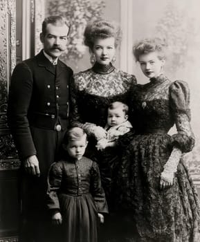 Victorian-era family posing for a formal portrait. AI generative.