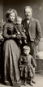 Victorian-era family posing for a formal portrait. AI generative.