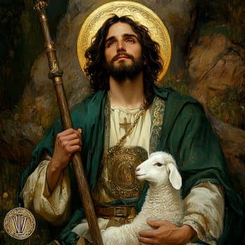 Saint John the Baptist, holding a shepherd's staff and holding a white lamb on one shoulder. AI generative.
