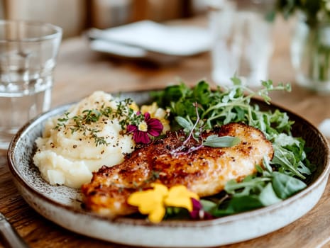 delicious homemade schnitzel on a plate, surrounded by fresh salad and a side of mashed potatoes. AI generative.