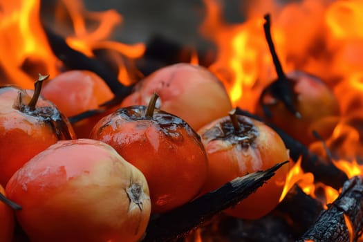 Apples are being roasted over a flickering fire creating a warm and festive atmosphere perfect for a holiday gathering.