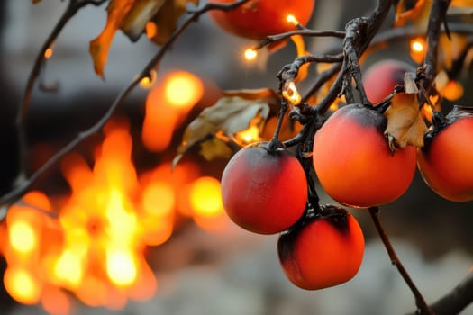 Colorful fruits hang from branches adorned with lights creating a cozy and festive atmosphere near a glowing fire during the holiday season.