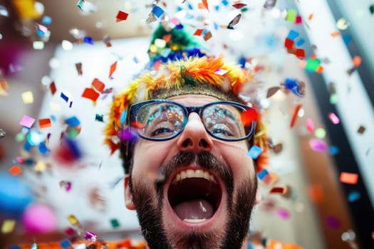 A person is laughing joyfully while colorful confetti falls around them creating a lively atmosphere filled with festive cheer.