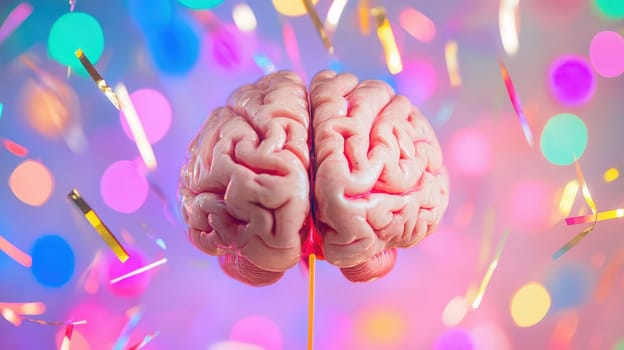 A vibrant display featuring a brain surrounded by colorful confetti symbolizing festive celebrations during the Christmas season.