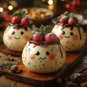 Three festive Christmas desserts on a wooden platter adorned with strawberries chocolate and greenery bring a joyful vibe.
