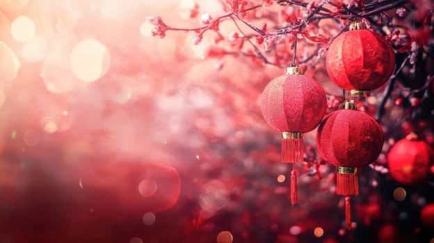 Beautiful red lanterns dangle from branches creating a warm glow during a festive Christmas celebration in the evening.