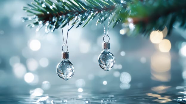 Two charming water droplets dangle from Christmas tree branches reflecting light in a festive atmosphere filled with holiday spirit.