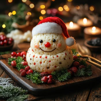 A festive snowman crafted from cauliflower sits on a wooden platter decorated with red berries and festive greenery surrounded by candles.