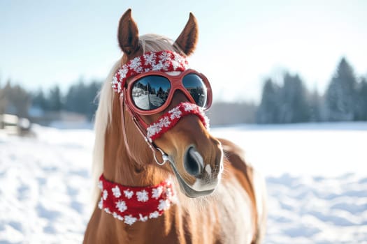 A horse adorned in a red floral winter scarf and sunglasses enjoys a sunny day in a snowy field surrounded by trees.