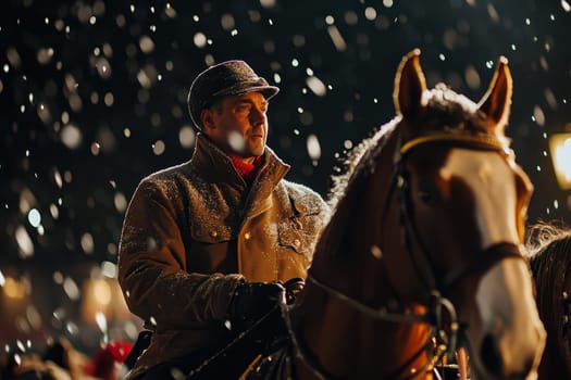 A man in warm clothing rides a horse under falling snow enjoying the magical atmosphere of Christmas celebrations in the evening.