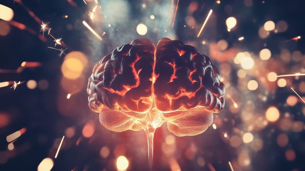 A vibrant brain radiates energy surrounded by festive lights and sparks capturing the essence of joyful Christmas celebrations.