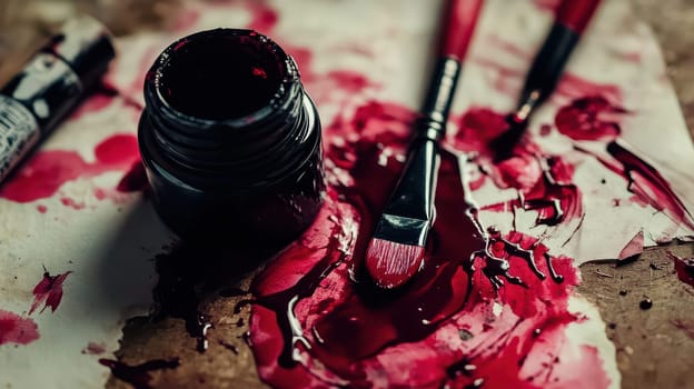 Craft supplies are scattered on a table with vibrant red paint. Brushes sit beside a jar of paint ready for creating Christmas decorations.