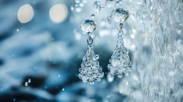 Beautifully crafted earrings resemble snowflakes sparkling delicately against a backdrop of soft cascading water in a winter setting.