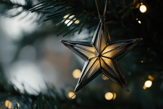 A beautifully crafted star ornament glimmers softly among the branches of a Christmas tree surrounded by warm twinkling lights.