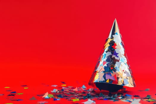 Shiny party hat sits on a bright red surface surrounded by colorful confetti perfect for a festive Christmas celebration.