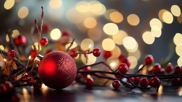 A beautifully arranged red ornament sits among twinkling lights and festive greenery capturing the essence of Christmas spirit.