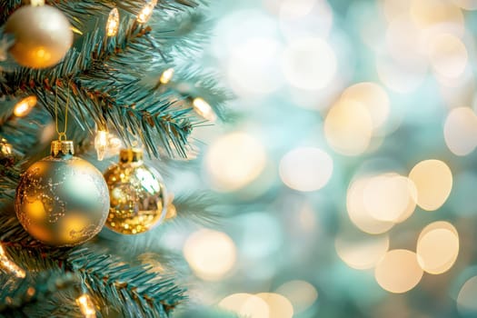 Golden ornaments hang on a Christmas tree as soft lights sparkle in the background creating a festive and cozy ambience.
