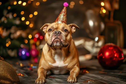A festive dog lies in front of a decorated Christmas tree wearing a party hat and enjoying the holiday atmosphere with colorful ornaments.