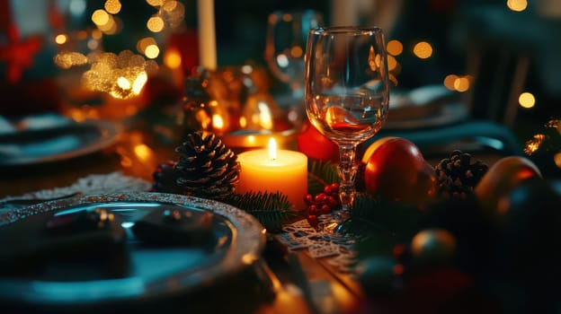 A beautifully arranged Christmas dinner table features glowing candles and festive decorations. Delicate glassware complements the cozy ambiance.