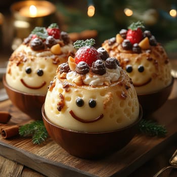 Festive desserts are served in wooden bowls decorated with fruits and nuts creating a joyful atmosphere for Christmas celebrations.