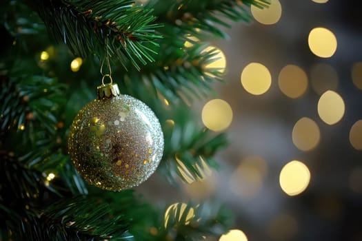 A shimmering gold ornament is suspended from a lush green Christmas tree branch adorned with soft glowing lights in the background.
