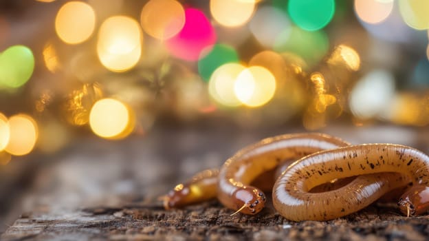 Two worms rest on wooden surface surrounded by colorful holiday lights creating a festive yet unusual atmosphere for christmas.