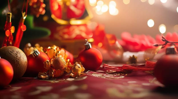 A festive display featuring red ornaments golden accents and soft lights creating a cozy holiday atmosphere on a table.