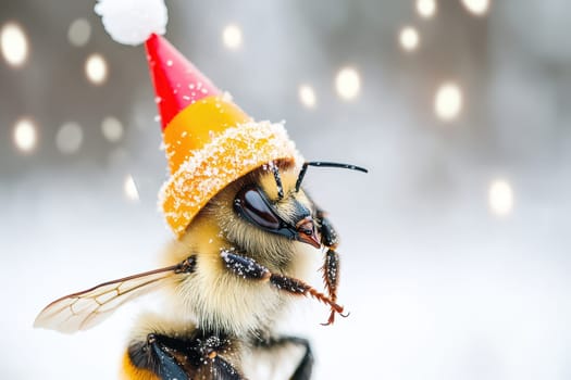 A cheerful bee sporting a red and yellow Christmas hat delights in a snowy setting during the holiday season surrounded by falling snowflakes.
