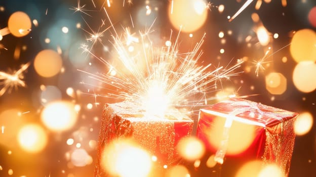Bright sparks burst from beautifully wrapped gifts adding warmth and cheer to a joyful holiday celebration filled with love and excitement.