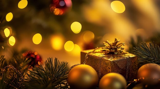 Sparkling golden gifts and ornaments are beautifully arranged around a Christmas tree adding warmth and joy to the holiday atmosphere.
