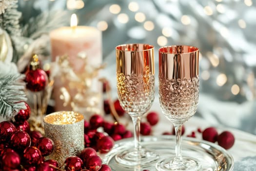 Two adorned champagne glasses sit beside a lit candle and festive ornaments creating a cozy and joyful ambience perfect for Christmas celebrations.