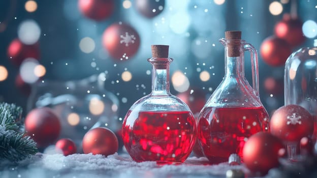 Two glass containers filled with red liquid are surrounded by red Christmas ornaments and a snowy white surface creating a festive atmosphere.