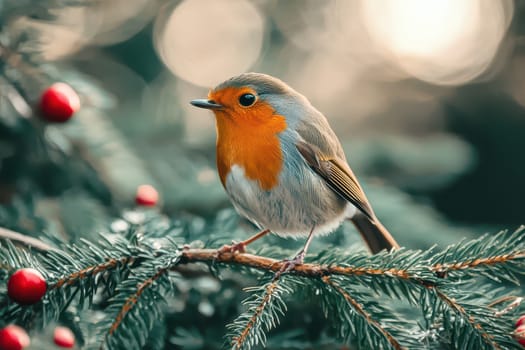Small bird with orange chest sits on a pine branch adorned with festive red berries during the Christmas season surrounded by soft bokeh lights.