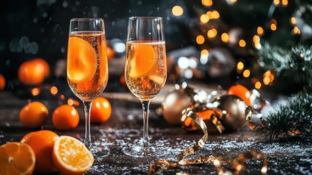 Sparkling drinks in elegant glasses are surrounded by festive decor oranges and holiday lights creating a cheerful Christmas atmosphere.
