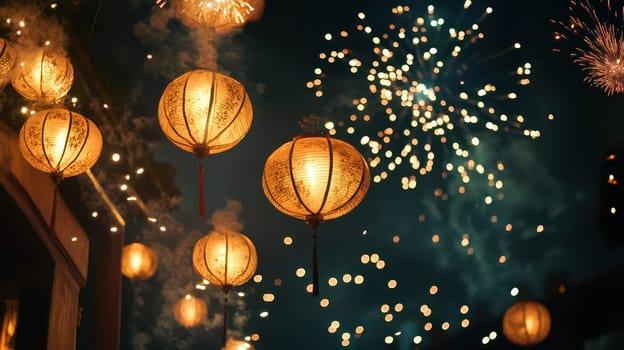 Lanterns hang under a night sky filled with vibrant fireworks as people celebrate Christmas in a festive atmosphere with joy and excitement.