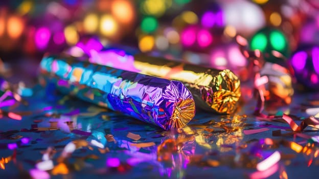 Brightly colored wrapped treats and confetti are spread out during a joyful Christmas celebration with twinkling lights.