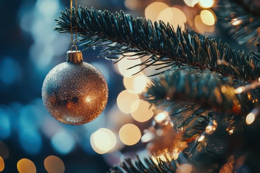 A sparkly golden ornament dangles from a pine tree branch surrounded by glowing lights creating a festive and cozy atmosphere.