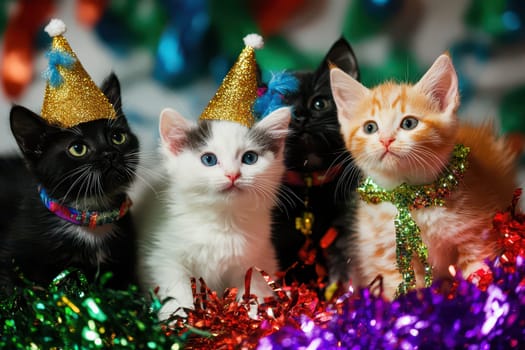 Four adorable kittens wear colorful party hats and colorful decorations embodying the joy of Christmas in a cheerful atmosphere.