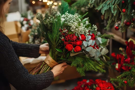 A person arranges a beautiful bouquet filled with red roses and greenery in a festive setting adorned with holiday decorations.
