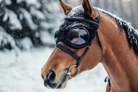 A horse wearing goggles stands in a snowy landscape surrounded by trees capturing the festive spirit of Christmas in the serene winter setting.