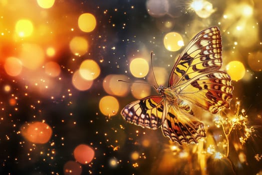 A colorful butterfly glides through a shimmering background filled with golden lights adding charm to a festive atmosphere during Christmas.