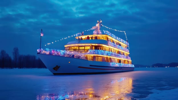 A beautifully lit boat glides on icy waters showcasing colorful decorations as people celebrate Christmas in a winter landscape.