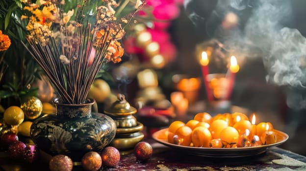 A table adorned with candles flowers and ornaments creates a warm atmosphere for a joyous Christmas celebration with family and friends.