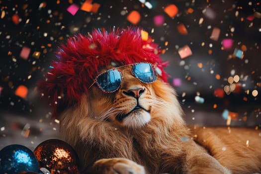 A lion wears red sunglasses and a festive hat among colorful confetti and party decorations embracing the Christmas spirit joyfully.