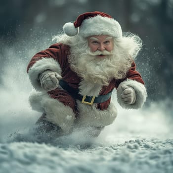 A joyful Santa Claus races through a snowy forest spreading festive cheer during Christmas season with laughter and excitement.