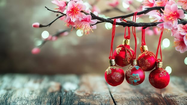 Red ornaments are delicately suspended from a branch adorned with pink blossoms creating a festive atmosphere during Christmas.