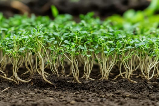 Tiny green sprouts are pushing through the dark soil symbolizing growth and renewal during the Christmas season.